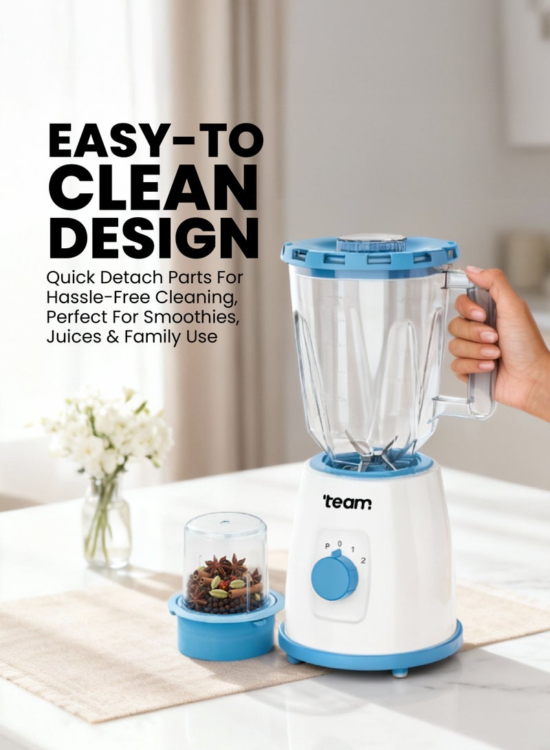 تيم TEAM 2‑in‑1 Blender TM‑454, 1.5L Durable Plastic Jar, 2‑Speed Control with Pulse, Stainless Steel Blade, 300W Powerful Motor, Easy‑to‑Clean Multipurpose  Electric Blender & Mixer for Juices, Smoothies, Spices & Food Prep - Image 4